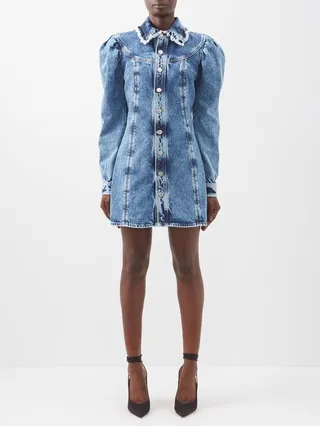 Puff-sleeve Distressed Denim Mini Dress