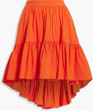 Asymmetric gathered cotton-blend poplin mini skirt