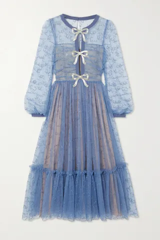 Saloni - Camille Bow-embellished Tiered Embroidered Tulle Midi Dress - Blue