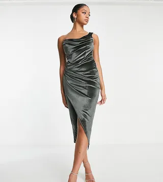 ASOS DESIGN Tall one shoulder velvet drape corset detail midi dress in pewter green