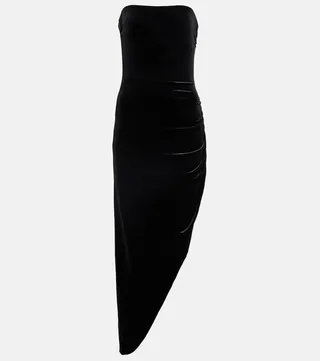 Strapless asymmetrical midi dress