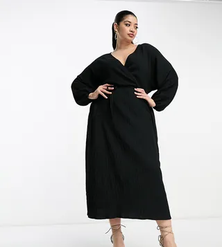 ASOS DESIGN Curve textured crinkle wrap midi dress with tie side in black