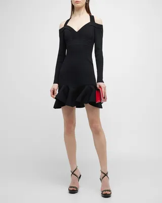 Ruffle Cold-Shoulder Rib Mini Dress