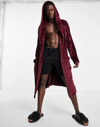 ASOS DESIGN lounge dressing gown in burgundy fleece