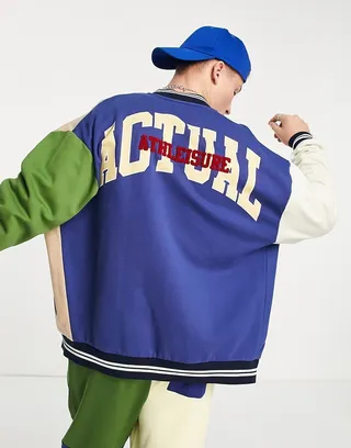ASOS Actual oversized color block varsity bomber jacket with logo applique in navy