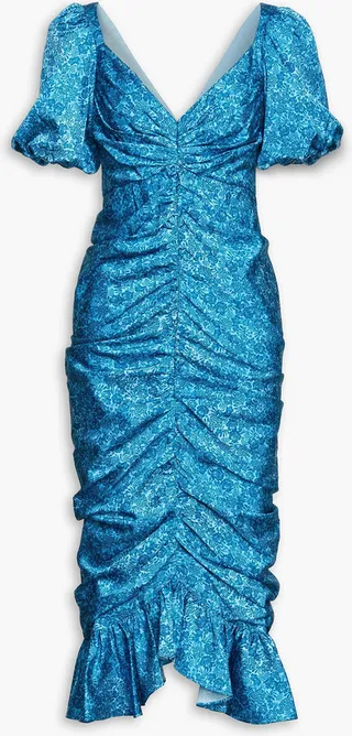 Ruched printed cady midi dress