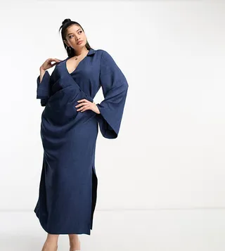 ASOS DESIGN Curve flute sleeve collared wrap midi dress with gathers in blue
