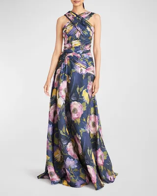Mimi Ruched Floral-Print Halter Gown