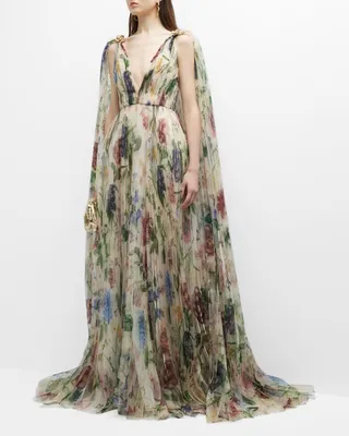 Pleated Multi-Floral Gossamer Gown with Cape
