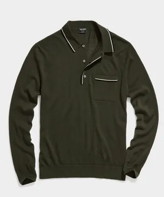 Long-Sleeve Merino Tipped Polo in Oakmoss