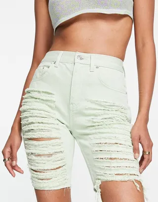 ASOS DESIGN denim longline shredded short in mint