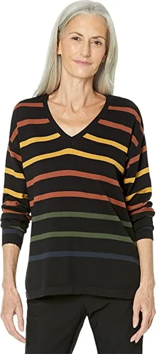 Lisette L Montreal Casey Cotton Stripe V-Neck Sweater (Multi-Tone) Women's Sweater
