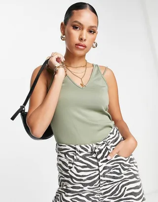 Topshop premium basic thick double strap V neck cami in sage