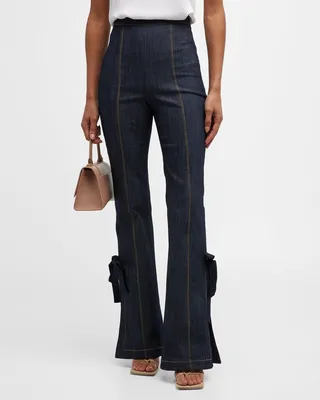 Lou Ribbon-Tie Flared Denim Pants