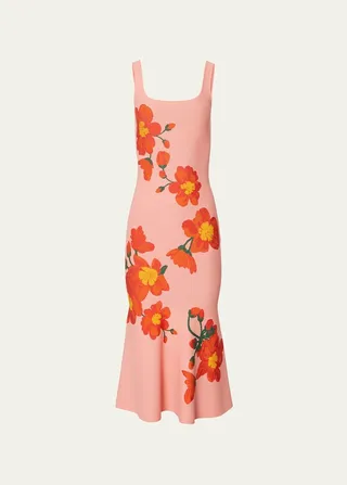 Trumpet Midi Dress with Intarsia Knit Floral Detail