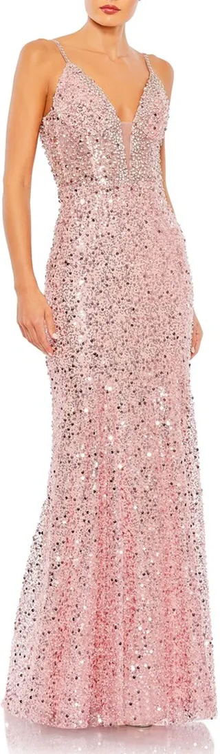 Sequin & Rhinestone Plunge Neck Trumpet Gown