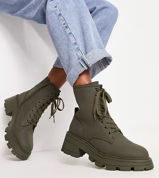 Topshop Wide fit Blake lace up boots in khaki
