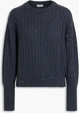 Embellished cable-knit cashmere and silk-blend sweater