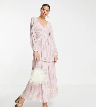 ASOS DESIGN Tall belted batwing maxi tea dress in lilac metallic jacquard