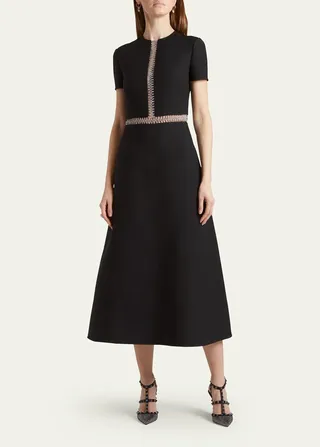 Metallic-Embroidered Crepe Couture Midi Dress