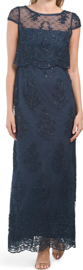 Embroidered Sequin Gown With Illusion Neckline