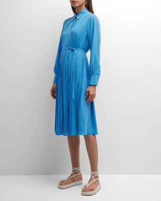 Pleated Long-Sleeve Midi Shirtdress