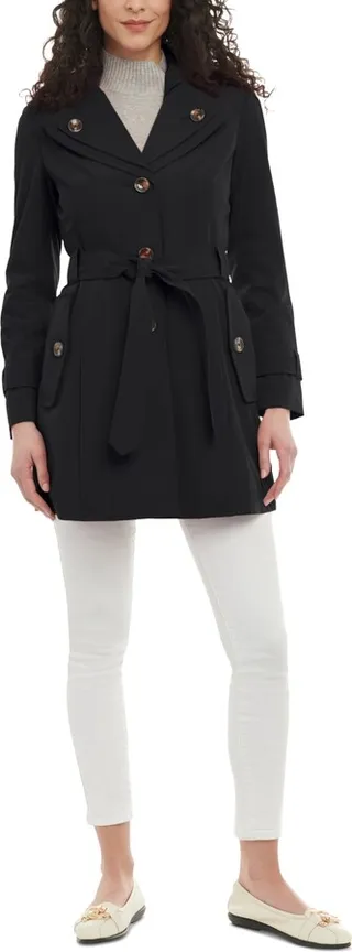 London Fog Petite Single-Breasted Notched-Collar Belted Raincoat