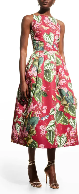 Mixed Botanical-Print Fit-&-Flare Faille Midi Dress