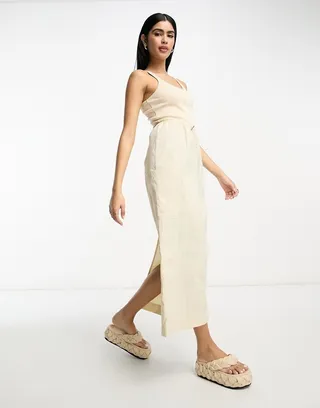 ASOS DESIGN 2 in 1 ribbed scoop neck dress with tank top with cargo midi skirt in camel