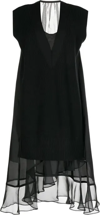 Layered Knit Sheer Ruffle-Hem Dress