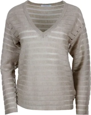 Alpaca And Cotton V-neck Sweater With Open Weave Stripes