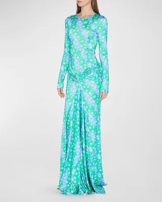 Wavy Floral-Print Ruched Gown