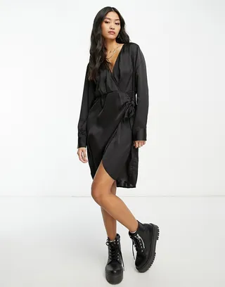 Pieces satin wrap tie side mini dress in black