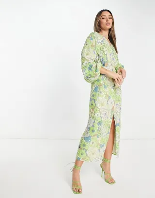 ASOS EDITION sequin wrap midi dress in floral print