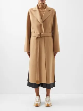 Wrap-front Belted Wool-blend Coat
