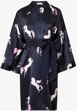 Womens Persea Mimi Unicorn-print Short Silk Robe