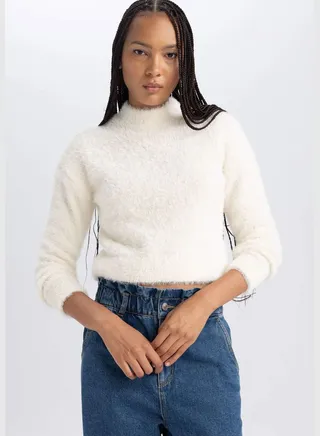 Woman Mock Neck Long Sleeve Tricot Pullover