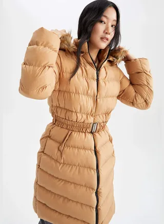 Regular Fit Long Sleeve Belted Parka