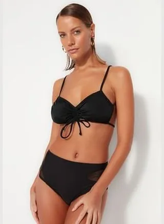 Black Bikini Bottoms With Mesh Detailed High Waist Regular Leg TBESS23BA00201