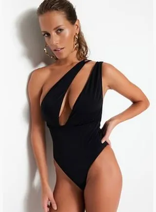 Black One-Shoulder Striped Accessory, Regular Leg Swimsuit TBESS23MA00236