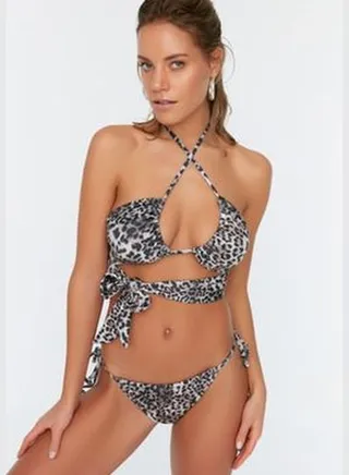 Brown Leopard Print Bikini Bottoms With Tie Detailed TBESS22BA0243