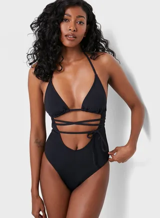 Halter Neck Cut Out Strappy Swimsuit