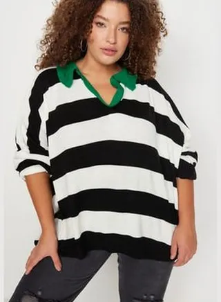 Green Polo Neck Striped Knitwear Sweater TBBAW23AN00045