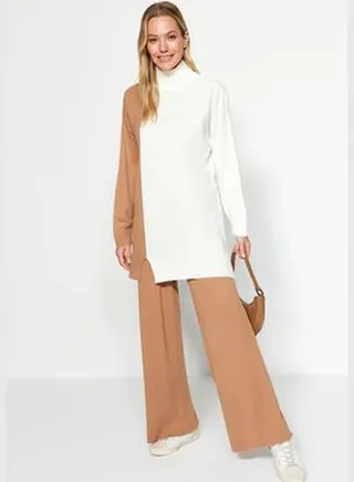 Camel Color Block Sweater-Pants Sweater Top-Upper Set TCTAW24US00059