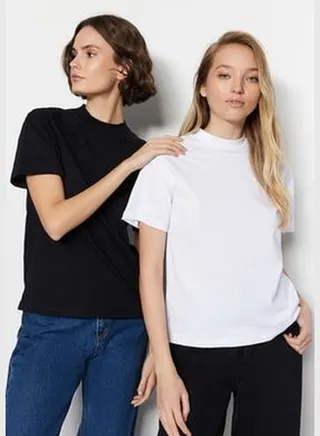 White-Black 2-Pack 100% Cotton Basic Stand Up Collar Knitted T-Shirt TWOSS20TS1500
