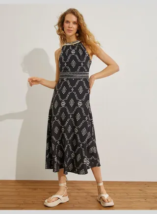 Midi Ethnic Detail Dress Halter Neck