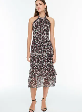 Halter Neck Printed Ruffle Detail Dress