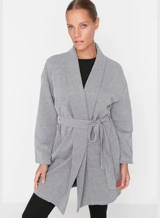 Dark Gray Belted Pique Knitted Dressing Gown