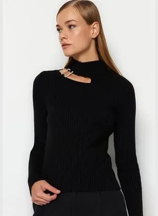 Black Stand-Up Collar Knitwear Sweater TWOAW24KZ00744