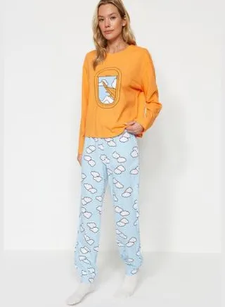 Orange 100% Cotton Cloud Pattern T-shirt-Jogger Knitted Pajamas Set THMAW24PT00005